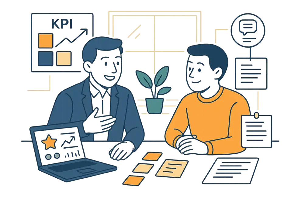 Hình ảnh mô tả quá trình kèm cặp thực chiến giữa quản lý và nhân viên cùng xây dựng mục tiêu, phản hồi và phát triển cá nhân.