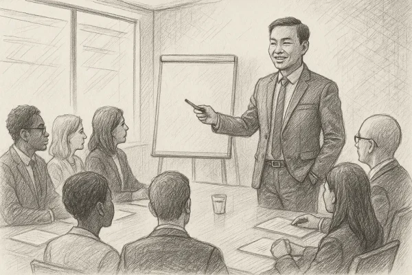 Phan Hữu Lộc presenting to a group of business leaders in a modern conference room.