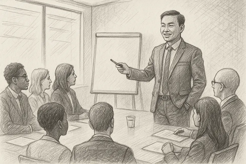 Phan Hữu Lộc presenting to a group of business leaders in a modern conference room.