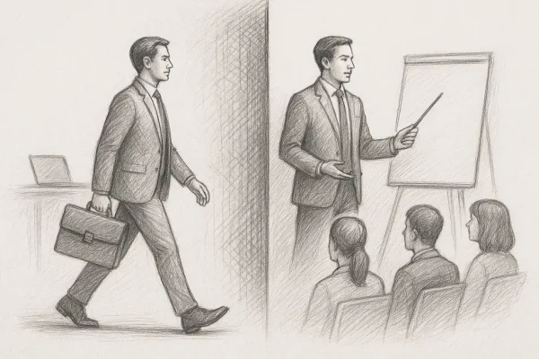 A professional moving from a focused expert role to a collaborative and inspiring trainer role.