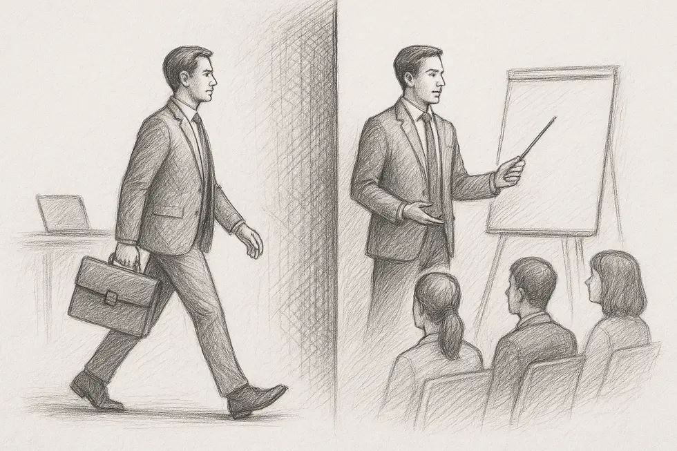 A professional moving from a focused expert role to a collaborative and inspiring trainer role.