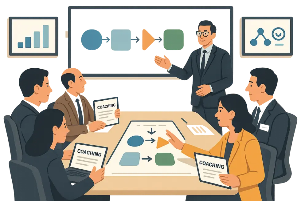 Không khí năng động trong một buổi coaching nội bộ: tăng hiệu quả đào tạo và truyền cảm hứng cải tiến.