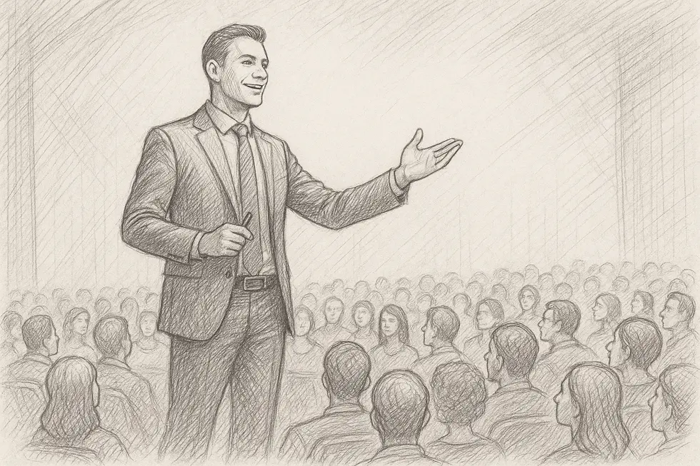 Trainer đang đứng trên sân khấu chia sẻ với học viên, thể hiện thương hiệu cá nhân mạnh mẽ.