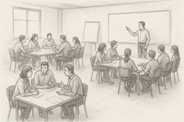 Phòng học với học viên và giảng viên tham gia hoạt động tương tác đào tạo.