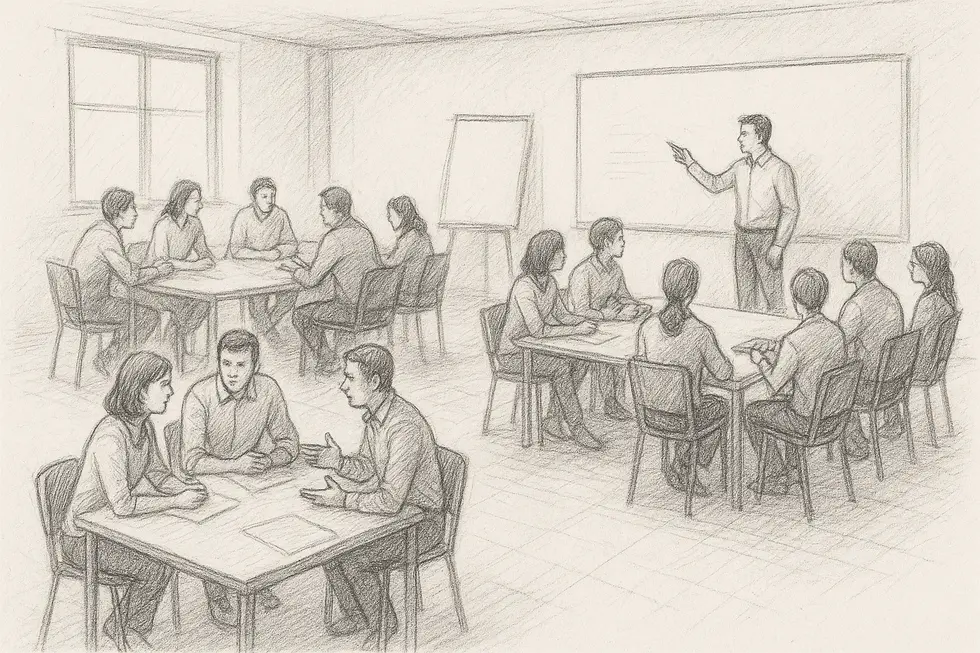 Phòng học với học viên và giảng viên tham gia hoạt động tương tác đào tạo.