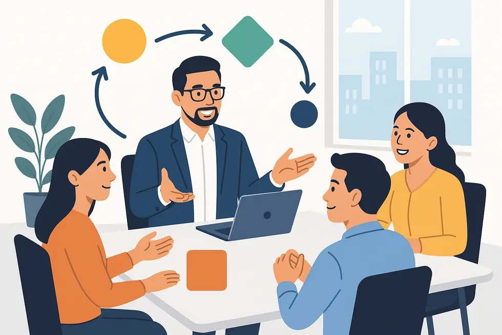 Một quản lý khai vấn đang dẫn dắt cuộc trò chuyện phát triển cùng đội nhóm.