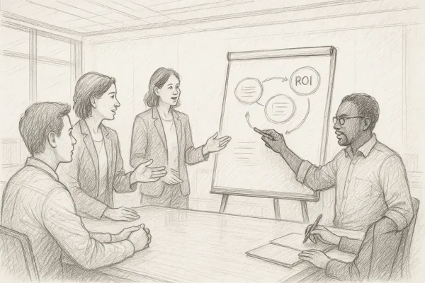 Các chuyên gia đang trao đổi ý tưởng quanh bảng trắng với các khái niệm là KPI, TPM, ROI.