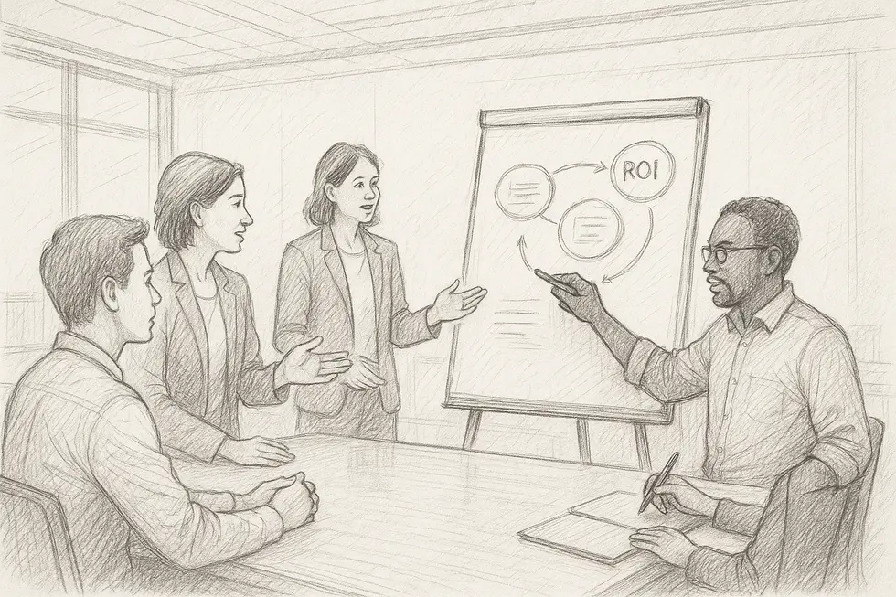 Các chuyên gia đang trao đổi ý tưởng quanh bảng trắng với các khái niệm là KPI, TPM, ROI.