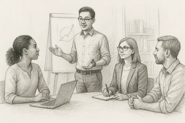 Engaged Trainers and learners in a professional training session.