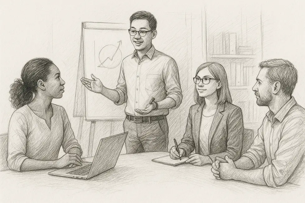 Engaged Trainers and learners in a professional training session.