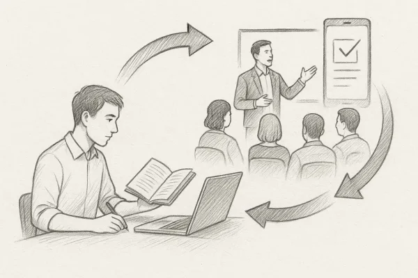 Một hành trình trở thành Trainer được minh họa qua hình ảnh sách, công nghệ và tương tác với đồng nghiệp.