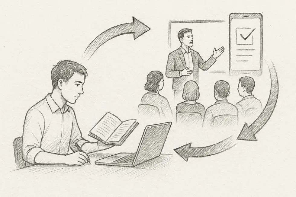 Một hành trình trở thành Trainer được minh họa qua hình ảnh sách, công nghệ và tương tác với đồng nghiệp.