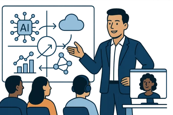 Huấn luyện viên doanh nghiệp đứng trước màn hình số kết nối công nghệ, con người và học tập hiện đại.