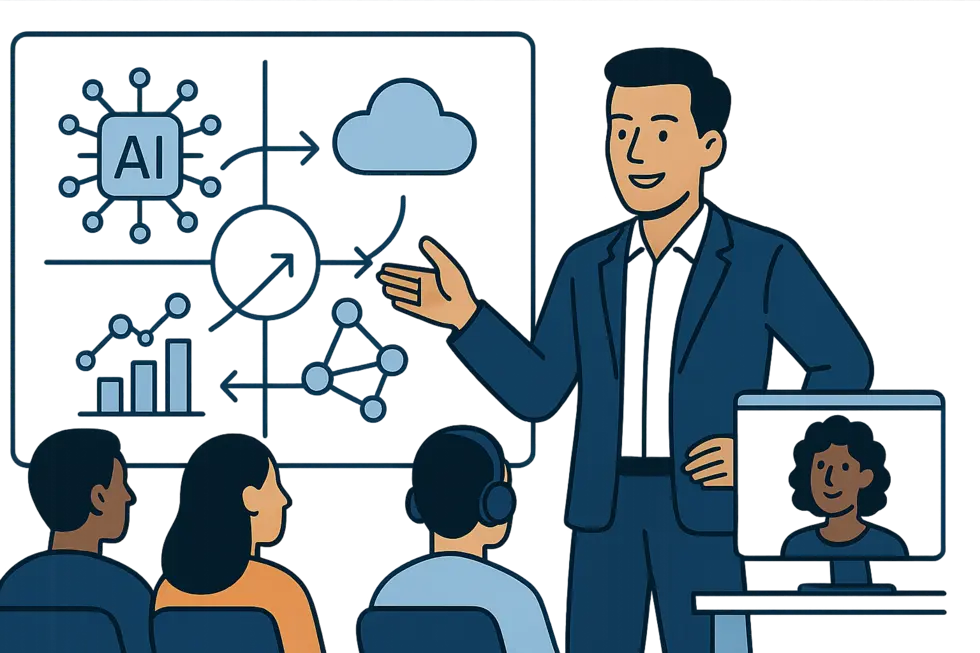 Huấn luyện viên doanh nghiệp đứng trước màn hình số kết nối công nghệ, con người và học tập hiện đại.