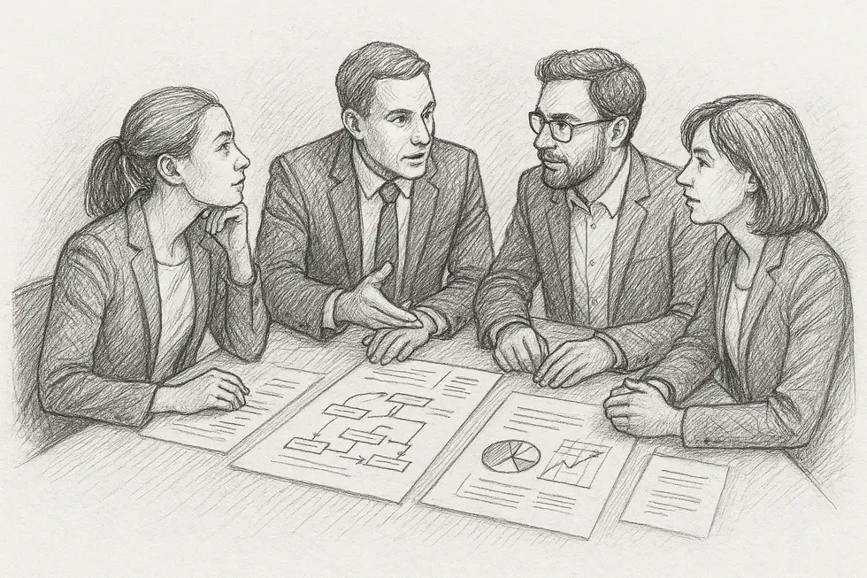 Các lãnh đạo doanh nghiệp thảo luận chiến lược xây dựng hệ thống đào tạo.