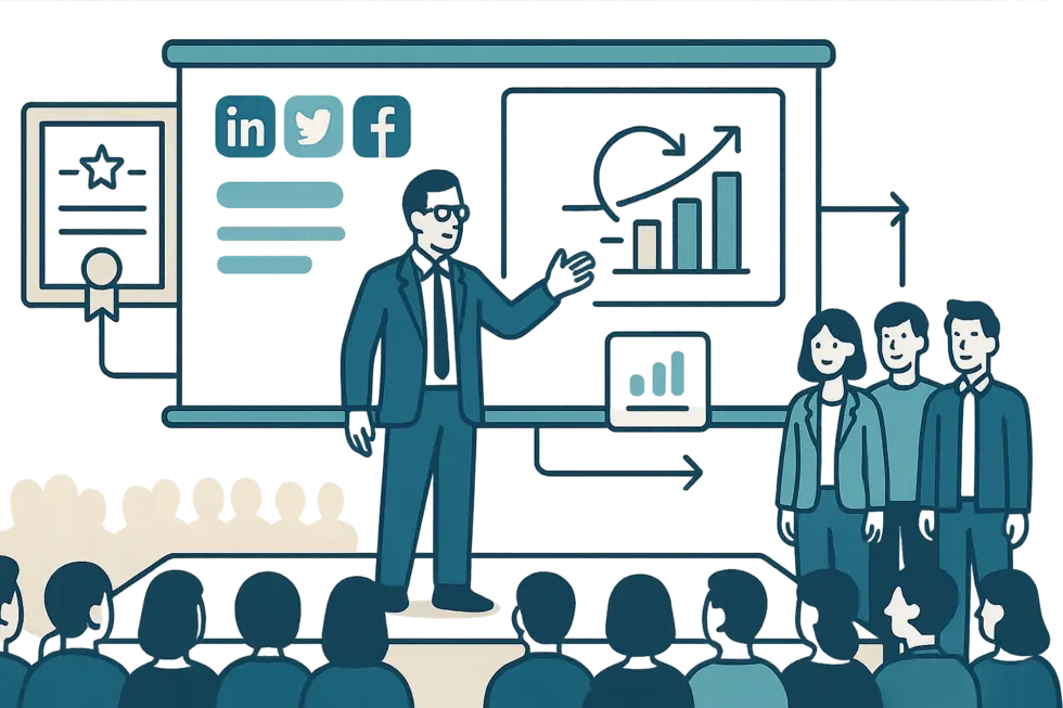 Trainer truyền cảm hứng trước học viên, thể hiện uy tín và sức ảnh hưởng thông qua thương hiệu cá nhân.