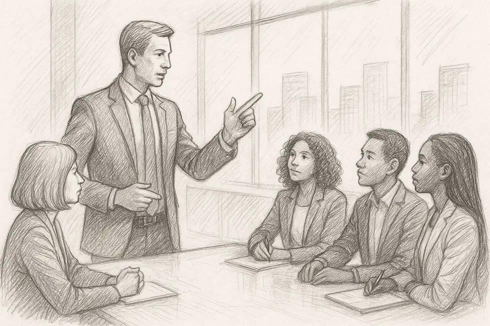 A business leader guiding a diverse team, illustrating strategic leadership and human-centric management.