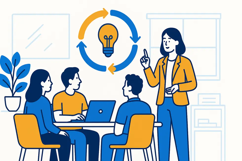 Lãnh đạo hướng dẫn thảo luận nhóm trong văn phòng hiện đại bằng phương pháp coaching.