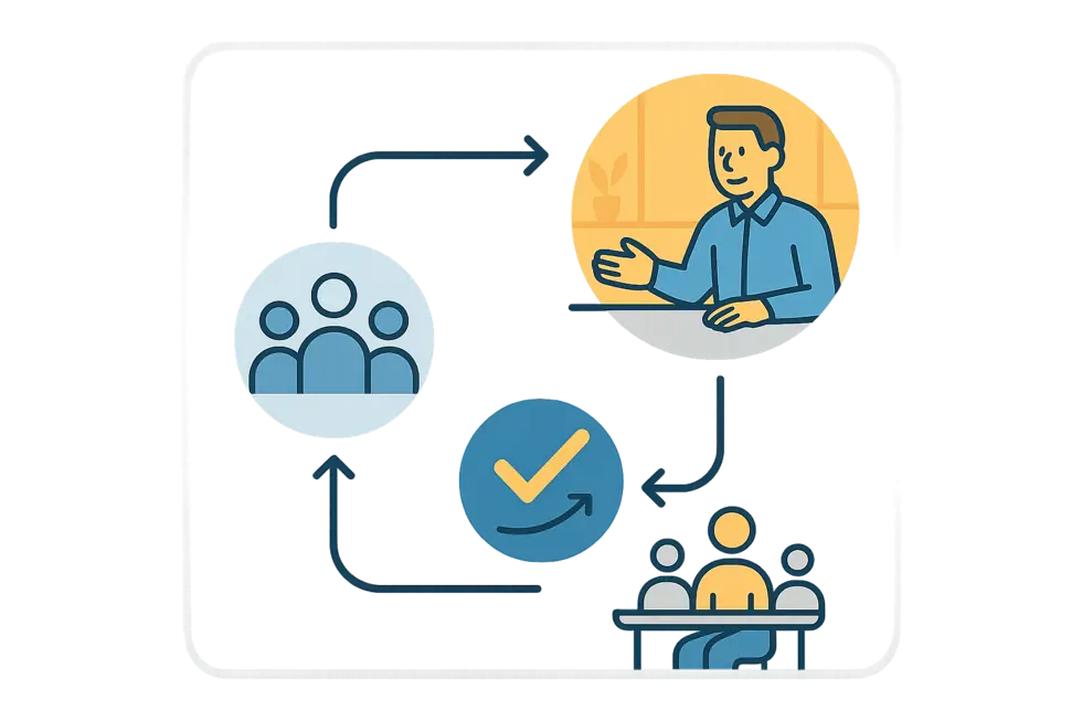 Một buổi coaching giữa quản lý và đội ngũ tại văn phòng.