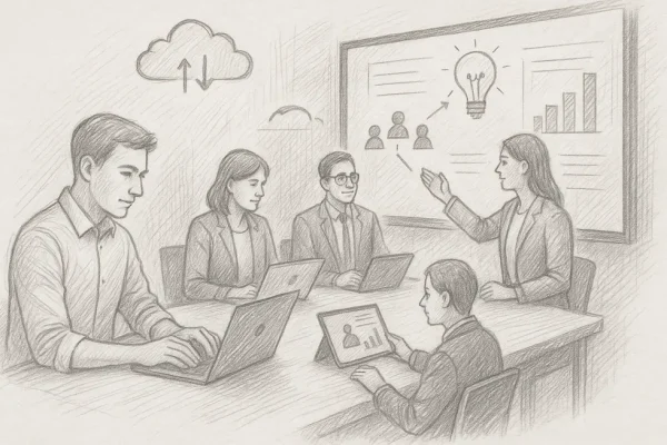 Không gian đào tạo hiện đại với tích hợp công nghệ và học tập nhóm.