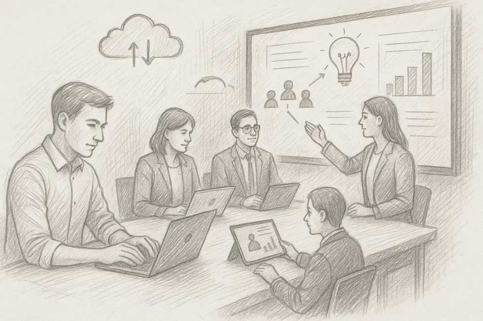 Không gian đào tạo hiện đại với tích hợp công nghệ và học tập nhóm.