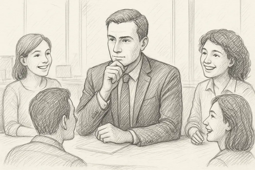 Hình ảnh một nhà quản lý tập trung vào thảo luận cùng nhóm, tượng trưng cho lãnh đạo lấy con người làm trung tâm.