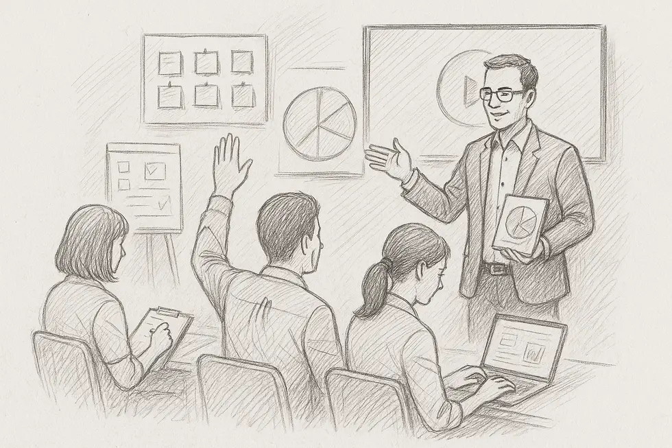 Hình ảnh một nhà quản lý tập trung vào thảo luận cùng nhóm, tượng trưng cho lãnh đạo lấy con người làm trung tâm.