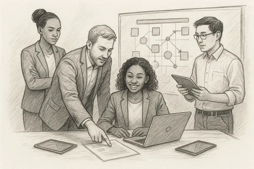 Hình ảnh một nhà quản lý tập trung vào thảo luận cùng nhóm, tượng trưng cho lãnh đạo lấy con người làm trung tâm.