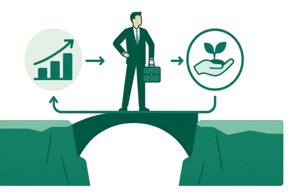 Nhà quản lý đứng trên cầu nối, thể hiện lãnh đạo và bền vững.