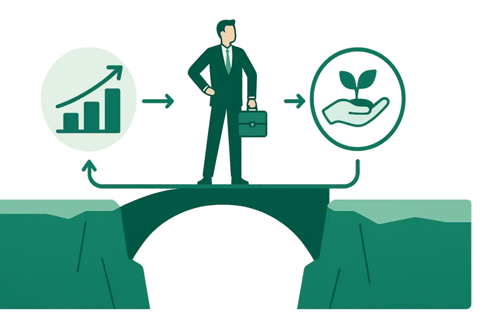 Nhà quản lý đứng trên cầu nối, thể hiện lãnh đạo và bền vững.