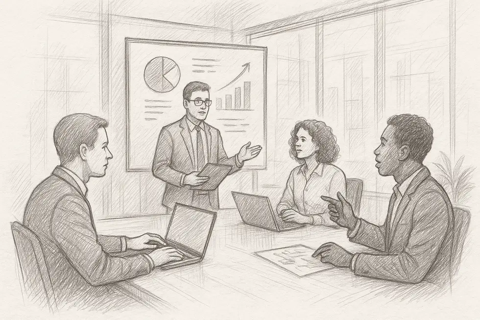 Buổi thảo luận chiến lược giữa các nhân viên trong một môi trường công nghệ cao.