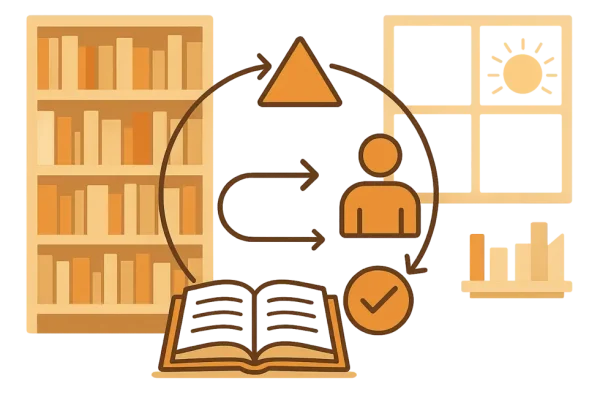 Thư viện chứa sách với ánh sáng tự nhiên.