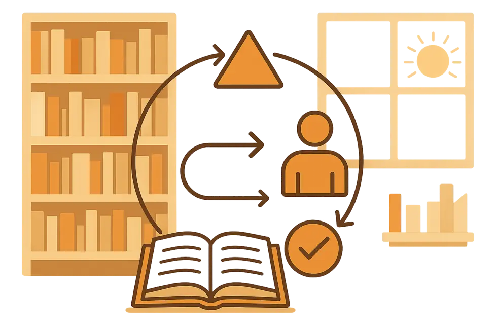 Thư viện chứa sách với ánh sáng tự nhiên.