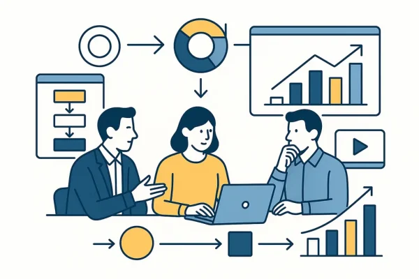 Nhóm quản lý thảo luận về chiến lược đào tạo với công nghệ hiện đại.