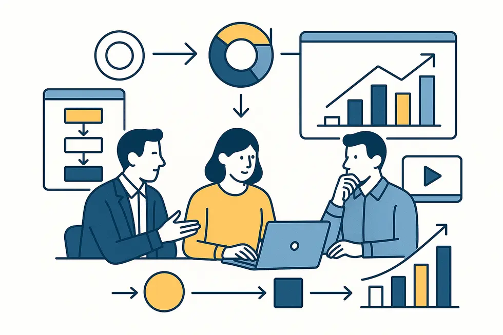 Nhóm quản lý thảo luận về chiến lược đào tạo với công nghệ hiện đại.