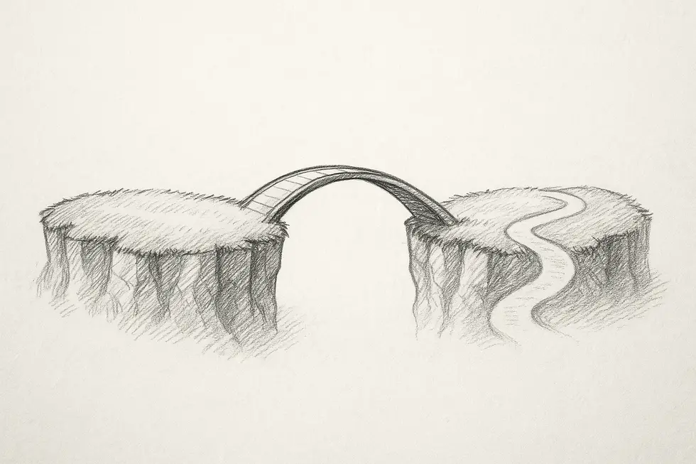 An illustrative bridge connecting training with workplace performance, symbolizing TMP's role.