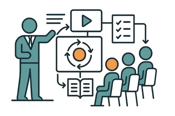 Môi trường đào tạo doanh nghiệp với công cụ số và học viên tham gia tích cực.