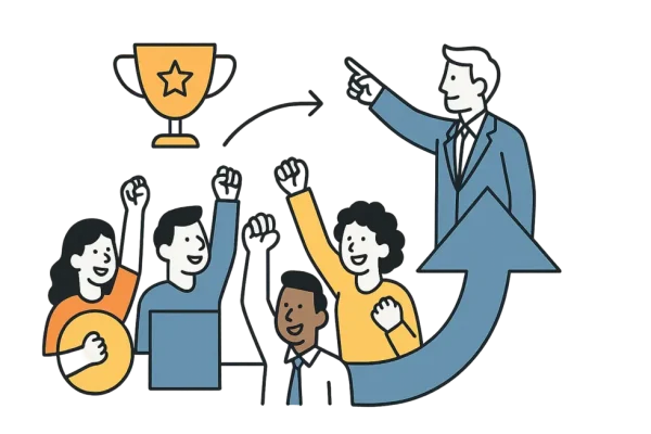 A diverse team celebrating with a leader symbolizing success and unity.